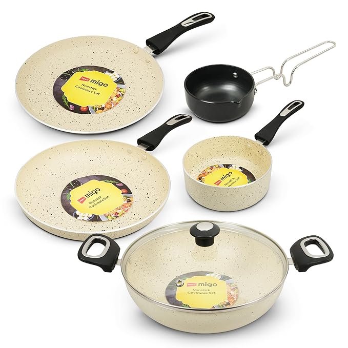 Impex 6 Pcs Nonstick Granite Cookware Set | 3 mm Thickness | Induction Bottom | Frypan, Kadai, Tawa, Tadka and Milk Pan | 1 Year Warranty