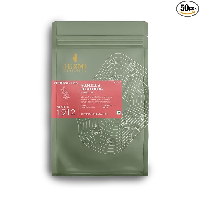 Luxmi Estates Vanilla Rooibos Chai Herbal Tea 50 Tea Bags (100 Gram) Pack | South African rooibos with vanilla extract |100% Natural Ingredients | Certified Organic Tea | Caffeine-Free |Boosts Immunity | For Healthy Sleep | Antioxidant-Rich Herbal Beverage for Relaxation and Wellness | 50 Cups