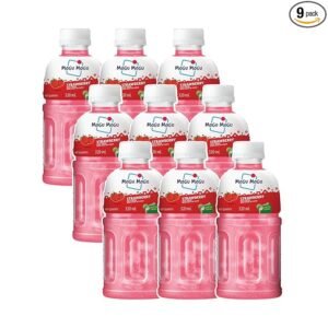 Mogu Mogu Strawberry Juice Drink with Nata de Coco Jelly 320ml (Pack of 9)| Refreshing Tropical Thai-Made Sip & Chew Beverage.
